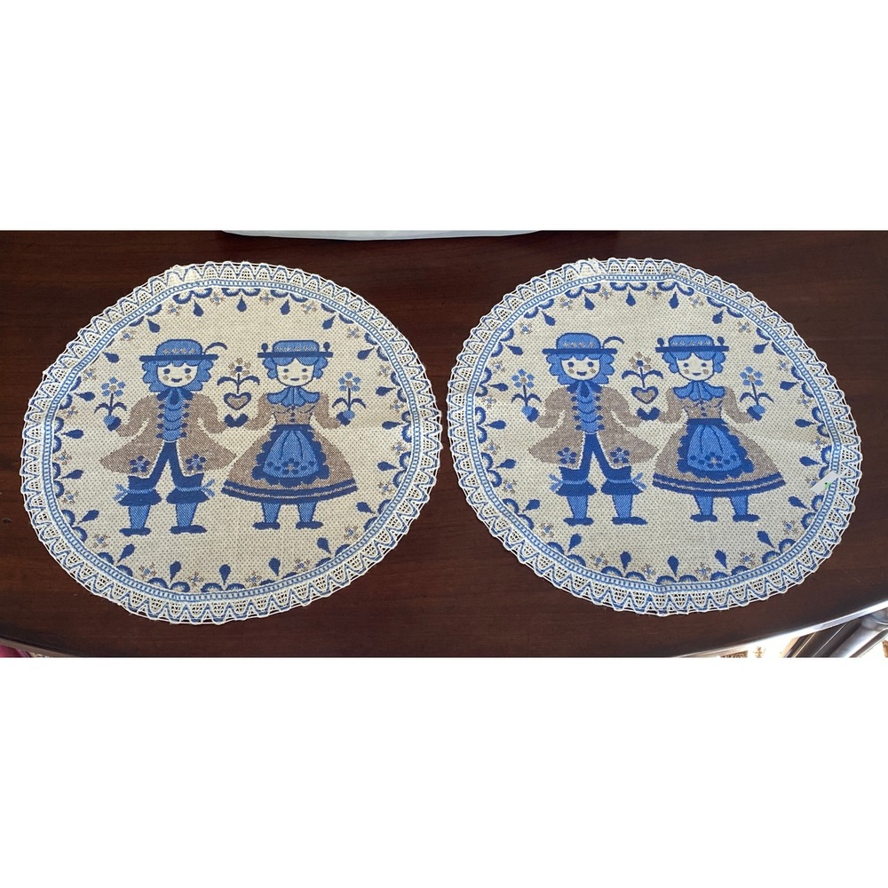 Vintage Germany Dutch Boy‎ & Girl Needlepoint 2 Round Placemats Linens Blue